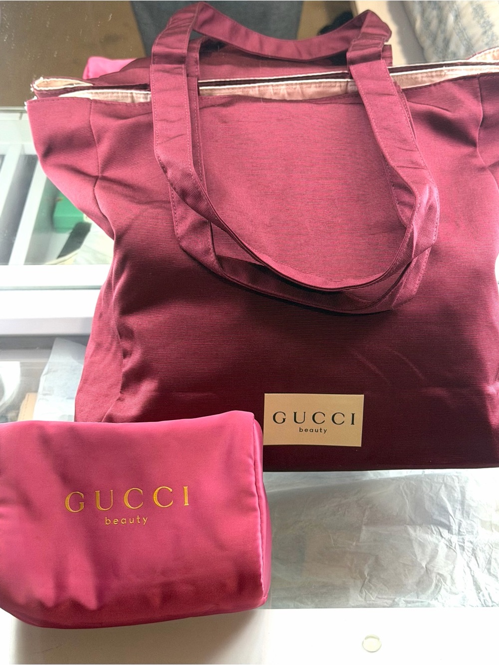 Gucci Burgundy Tote with Pink Cosmetic Pouch
